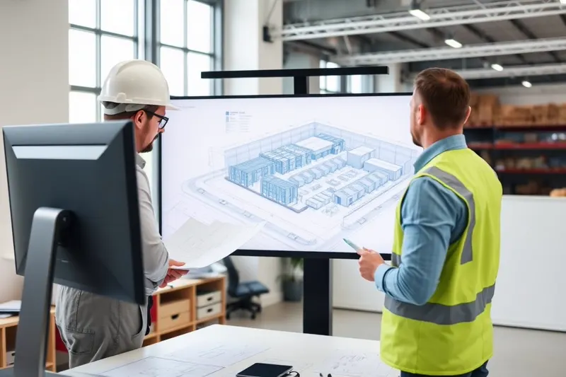 Planer bespricht 3D-Lagerlayout am Bildschirm